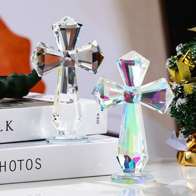 Adorno Creativo de Cruz de Cristal Color AB de Pie Artesanía Cristiana Hecha a Mano Cruces Exquisitas Figura Regalo Religioso