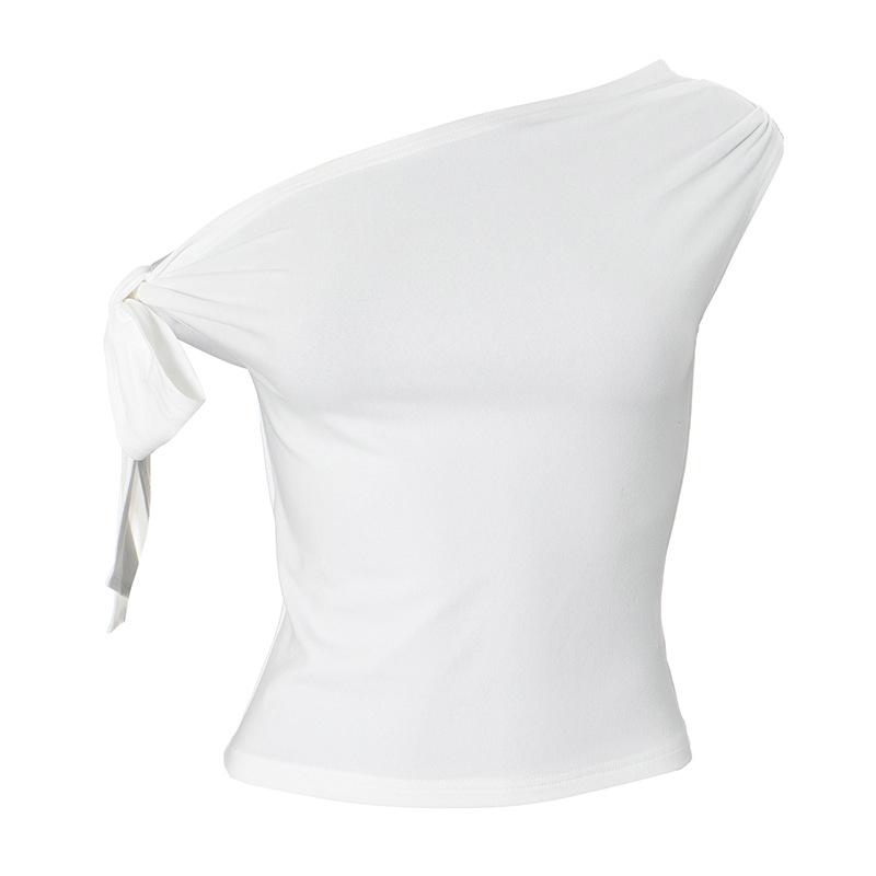 2025 Women'S Summer Ins Style New Shrink Pleated One-Shoulder Crop Top Backless Twist Tie Asymmetric T-Shirt Casual Top