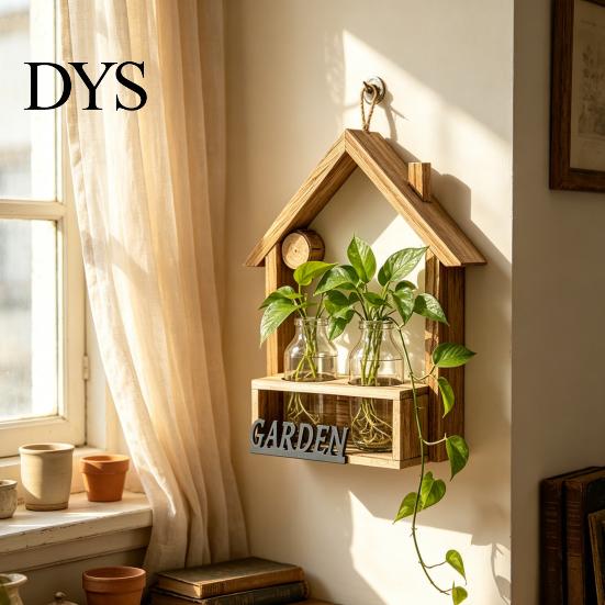 Hanging Glass Vase Wooden Wall Propagation Planter, Mounted Planter with Clear Tubes for Hydroponic Plant Holder Plants, Display Shelf Living