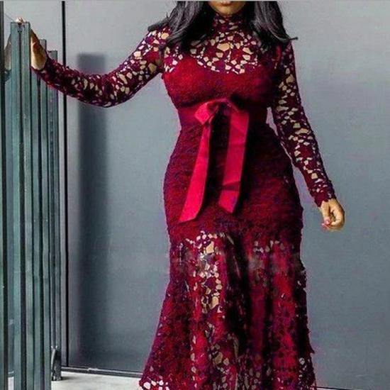 2025 Women's Lace Hollow Long Sleeve Stand Collar Dress - 5 Color Irregular Design