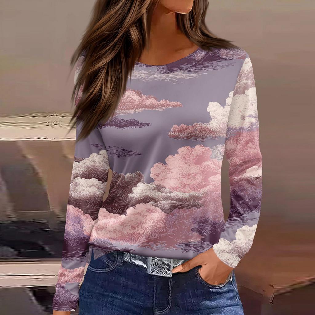 Women's Fashion Hem Slit Casual Floral Print Round Neck Long Sleeve Top