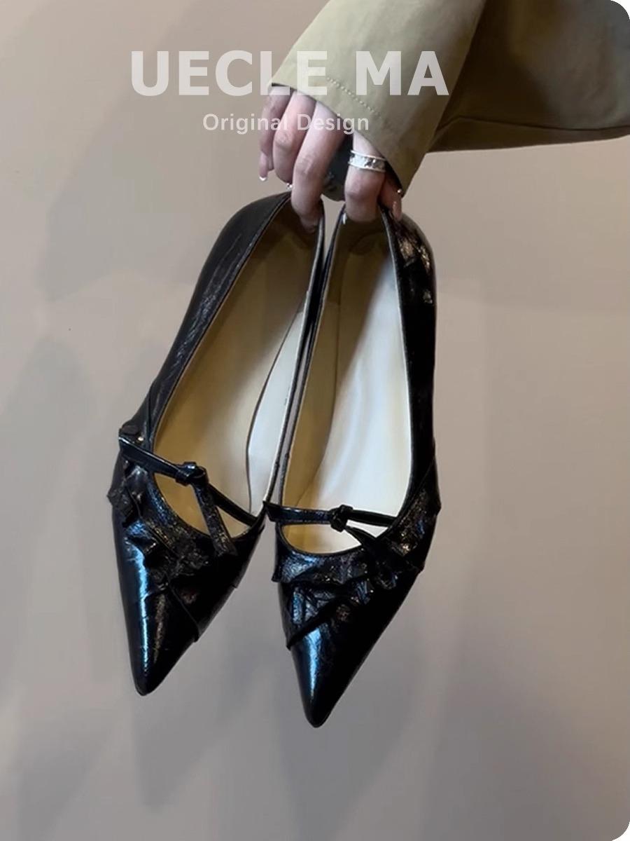

Super soft lambskin~ genuine leather French single shoes women s flat bottom pointed head small slope heel temperament versatile bow evening shoes 34