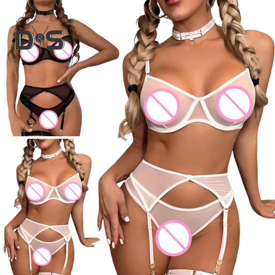3 Pcs/Set Bra Thong Set with Garter Adjustable Straps See-through Mesh Thin Elastic High Waist Panties Wedding Night Honeymoon Valentines Day