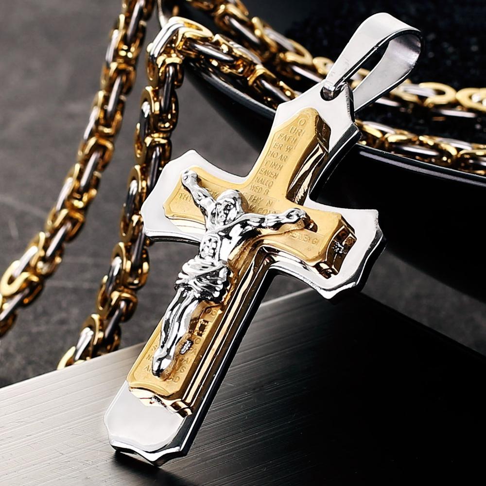Bible Silver Color Jesus Cross Stainless Steel Pendants Necklaces Byzantine Long Chain Necklace for Men Jewelry Colar Collier