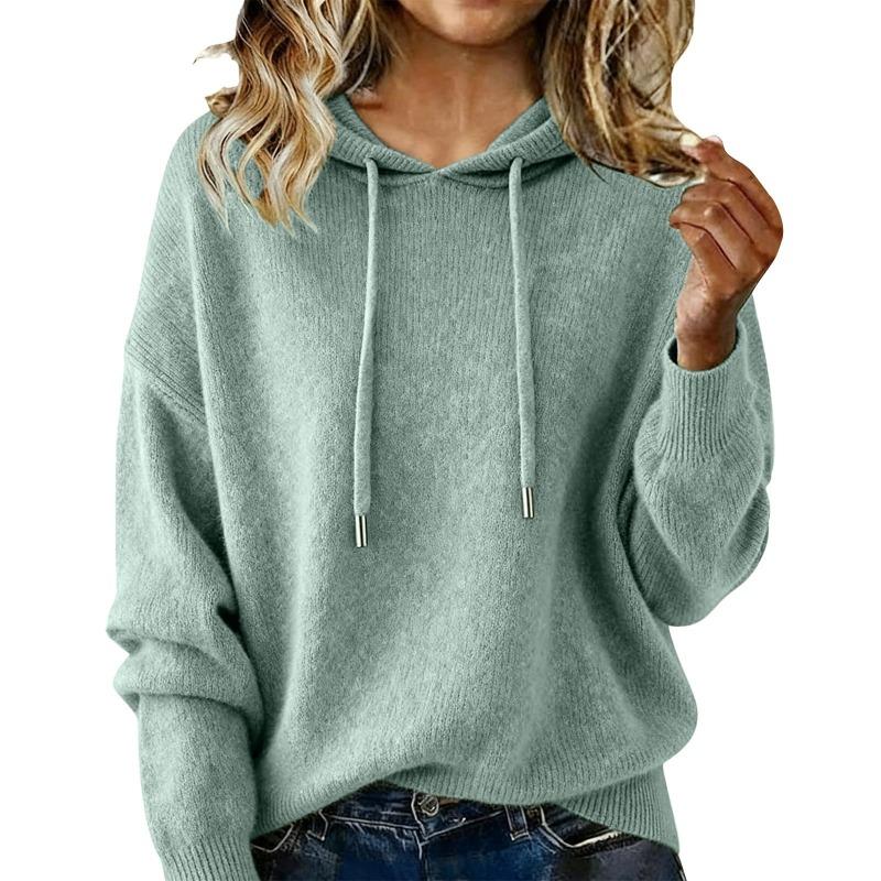 Women S Loose Fit Hooded Knit Pullover Sweater Long Sleeve Solid Color