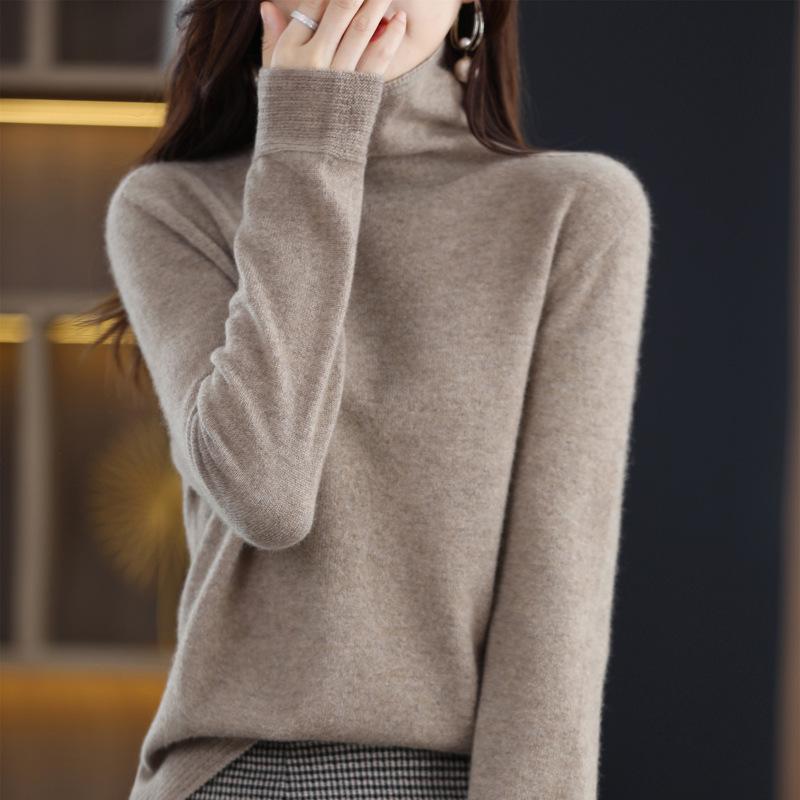 Women's Pure Wool High Neck Knitted Sweater - Solid Color, Autumn/Winter Temperament Top