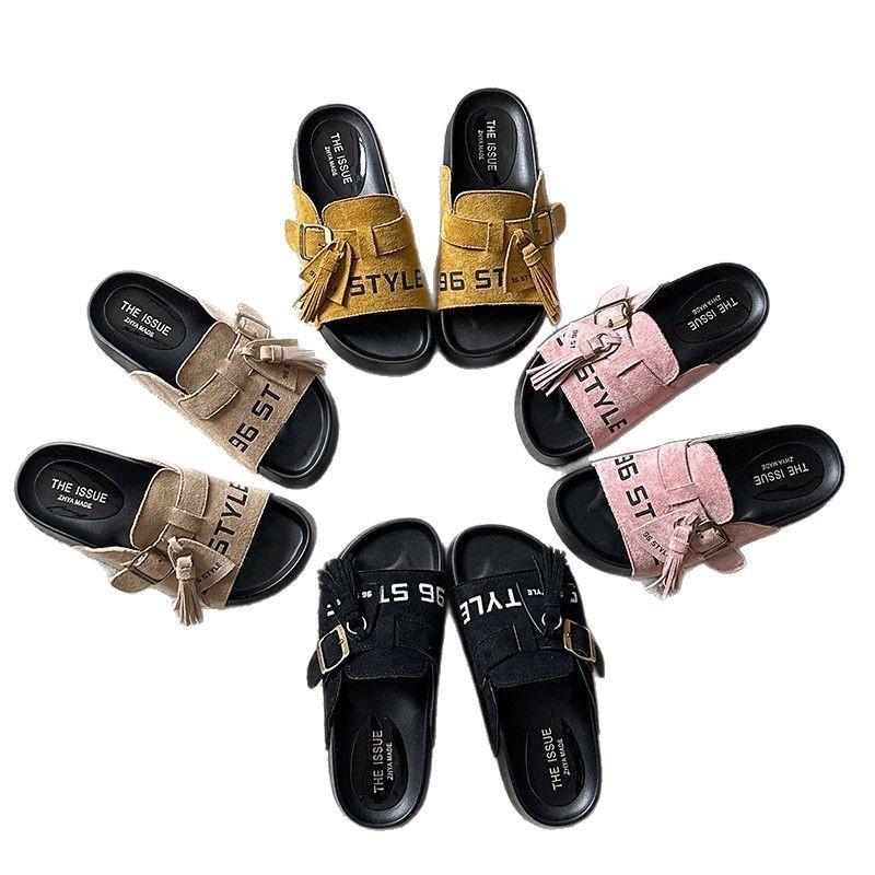 Internet celebrities with the same 2025 spring and summer trend explosion half drag versatile one pedal tassel casual lazy fish mouth slippers