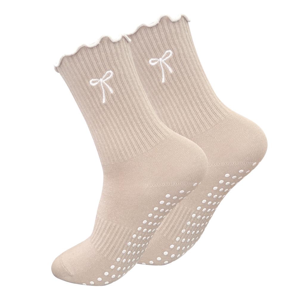 Women's Gel-Dotted Non-Slip Yoga Socks, Mid-Calf, Bow Embroidery, Fitness Socks, White