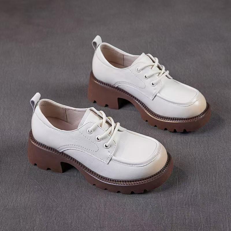 New first-layer cowhide small leather shoes women's thick heel retro lace-up casual shoes medium heel four-season single shoes