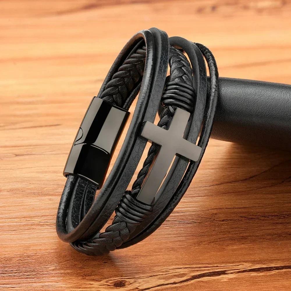 2025 Luxury Multicolor Cross Design Classic Stainless Steel Men's Leather Bracelet 19/21/23cm Choose Handsome Christmas Gifts