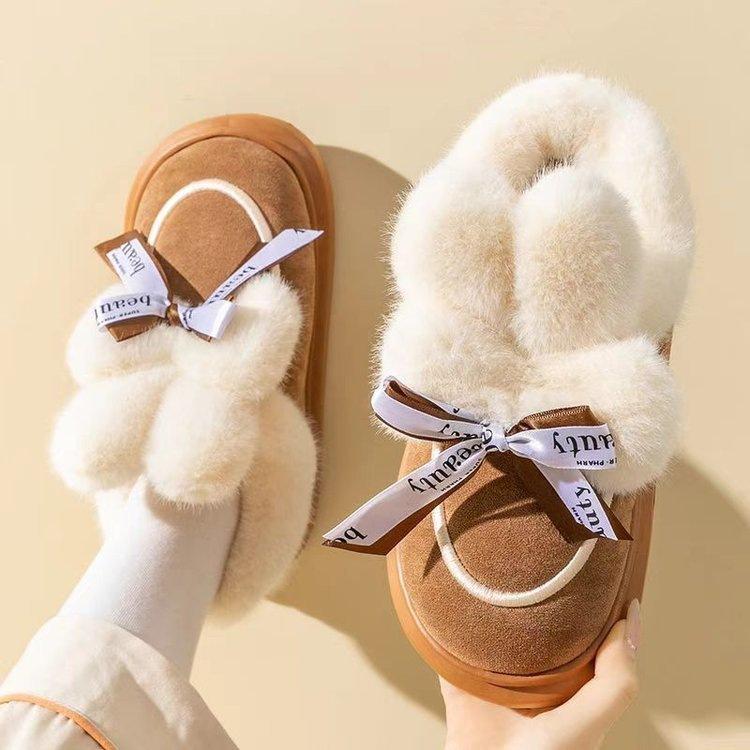 

Winter snow boots thick soles increase height at home, cute little bunnies wear plush warm cotton shoes 35 кофейный