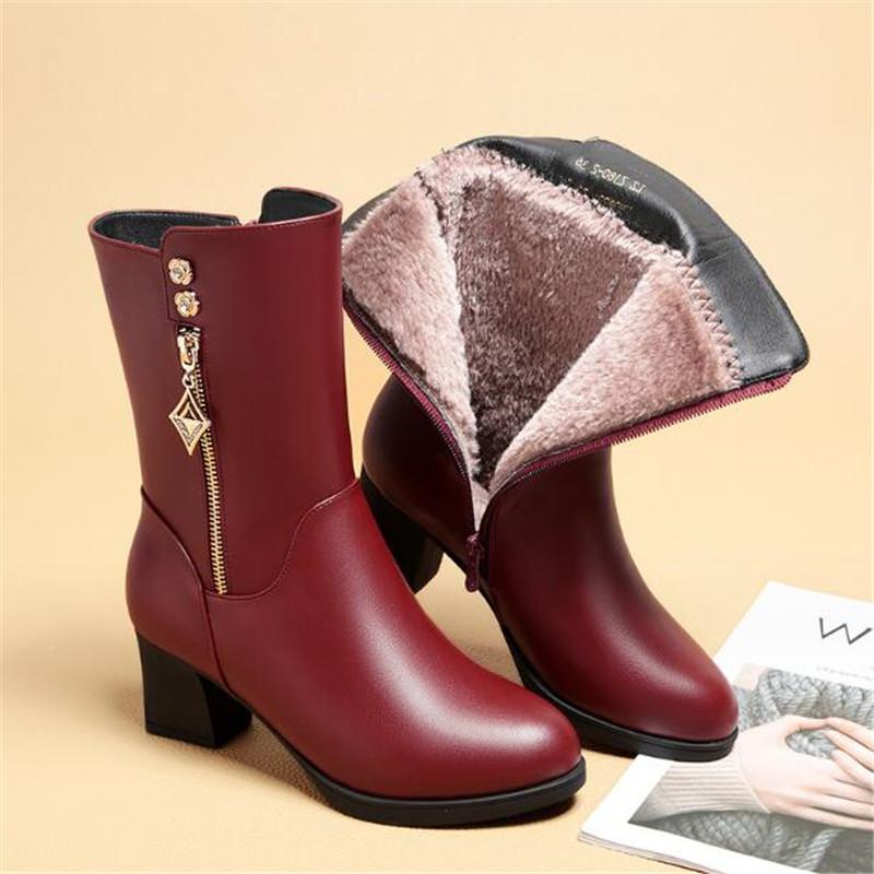 Hoher Stiefel für Damen Schwarz Braun Echtes Leder Hoher Absatz Damenschuhe Mid-Calf Stiefel Rutschfest Dickes Plüsch Damen Winterstiefel