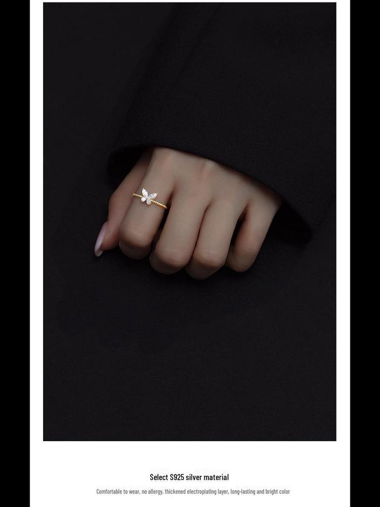 14 Karat vergoldeter Zirkon-Schmetterlingsring, S925-Silber, elegantes, schlankes Design für Damen.