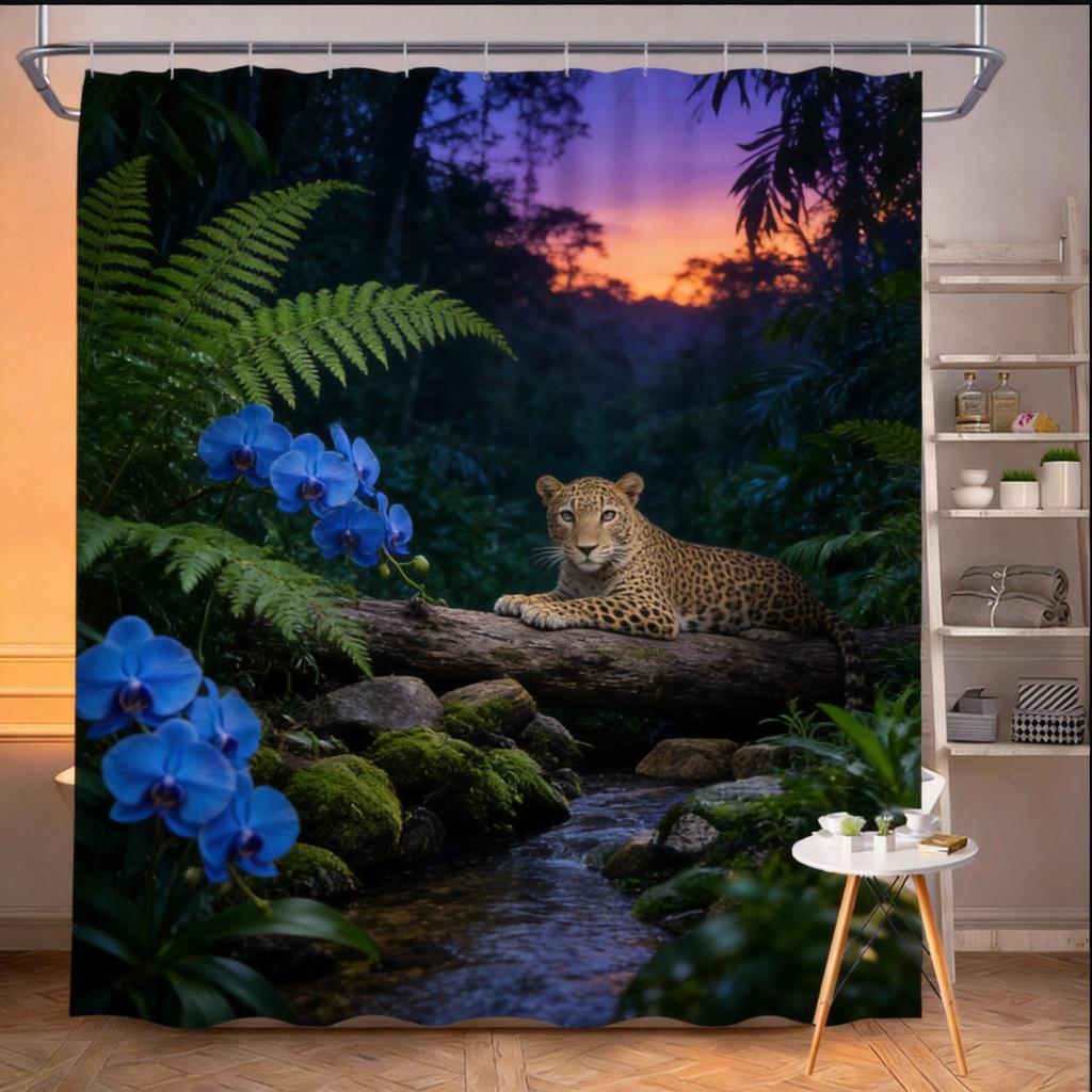 Jungle Shower Curtain 180x180cm – Majestic Tiger & Orchids, Tropical Rainforest Scene, 12 Hooks Bath Decorative Shower Curtain