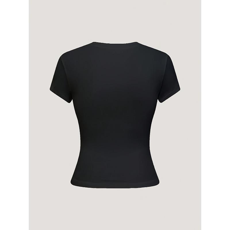 Womens Heart Print Round Neck Short Sleeve Tight Crop Top Casual Simple Summer Slim Fit Top