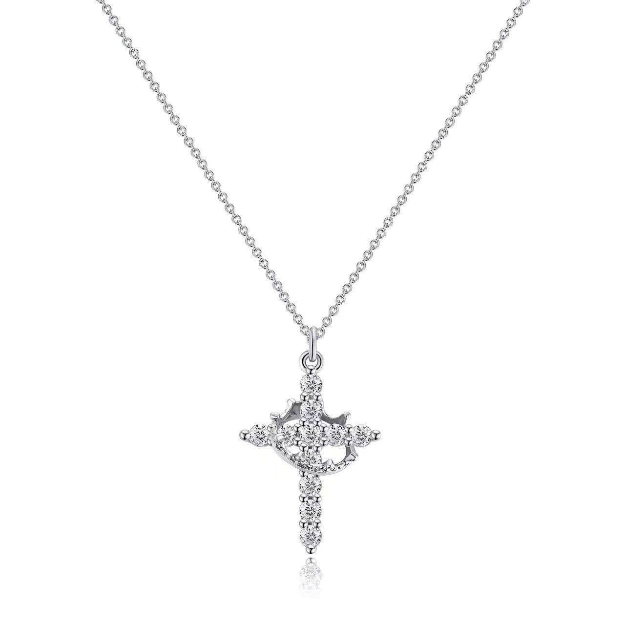 Gold-Plated Copper Rotatable Crown Cross Earrings & Zircon Pendant Necklace Set