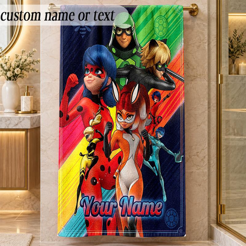 Beach TowelMiraculous Ladybug Custom Name Text Personalized Soft Towel for Beach Pool Indoor Home Decor Gift
