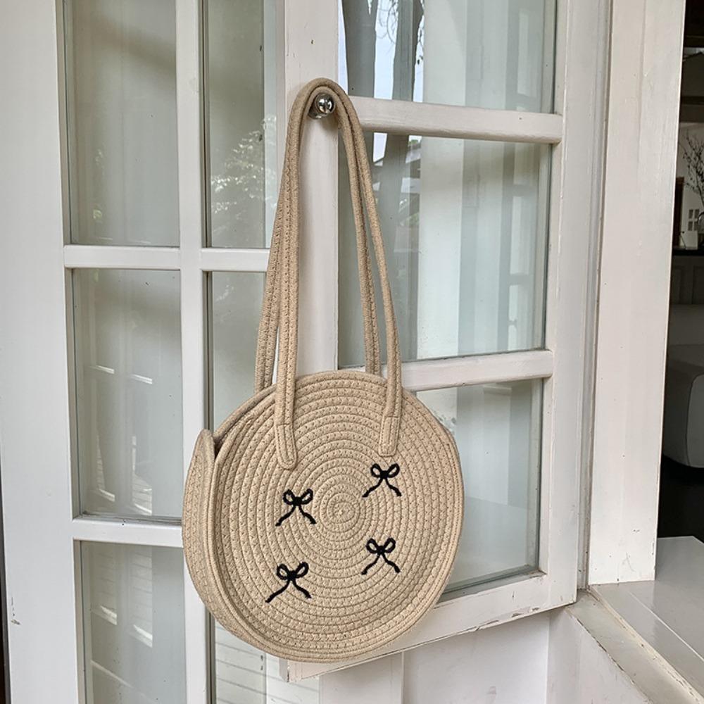 

Bohemian Embroidered Bow Shoulder Bag Embroidery Weave Beach Bag Portable Round Straw Bag Beach Style 1
