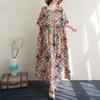 Real summer new thin cotton and linen round neck short sleeve simple flower bohemian medium and long dress women
