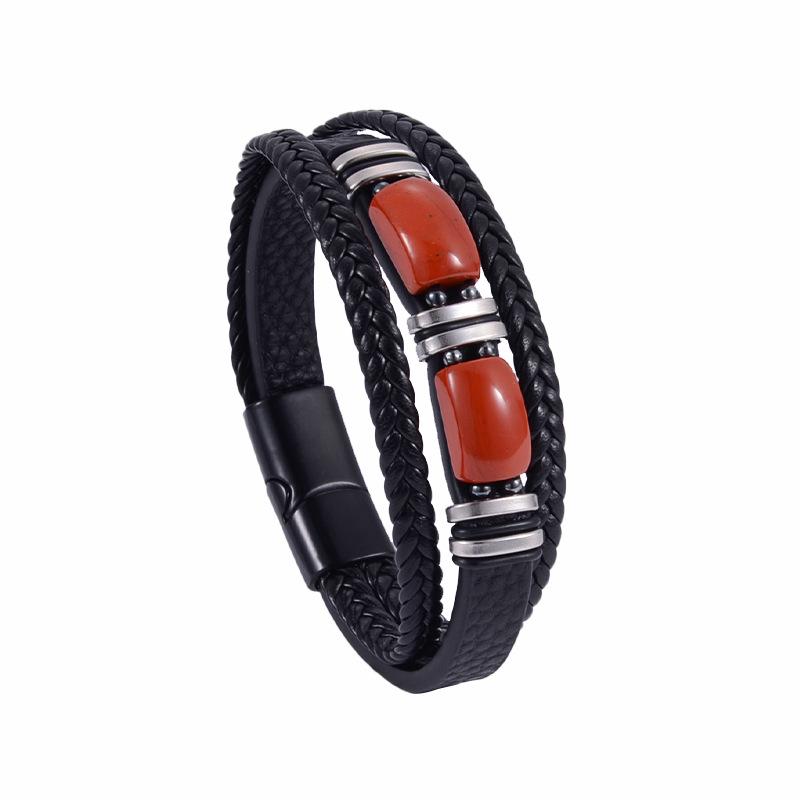 Men's Multi-layer Leather Bracelet with Tiger Eye and Stone Beads, Magnetic Clasp