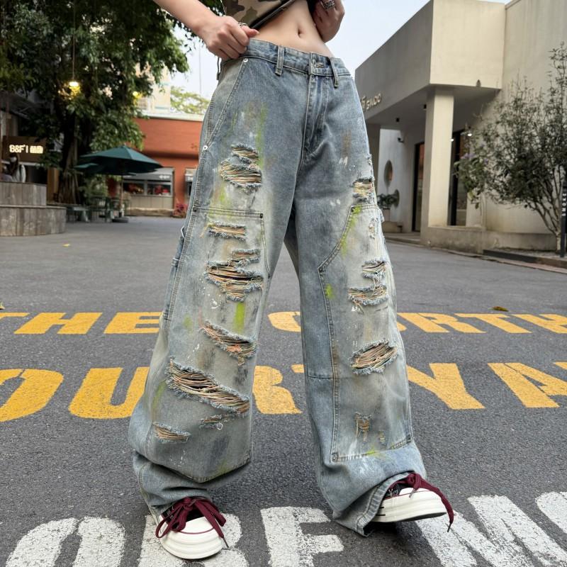 Unisex Vintage Distressed Denim Pants Loose Straight Cut High Street Style Cotton Jeans Men Women 2026