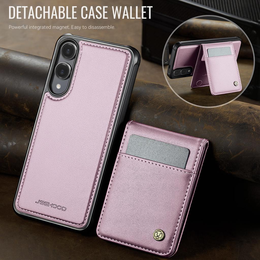 For Samsung Galaxy S25 Edge Leather Back Cover Compatible with MagSafe JEEHOOD J06 Phone Case with Card Bag RFID Blocking