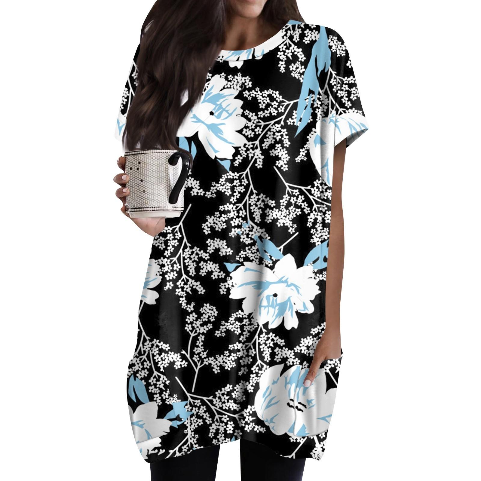 

Женская длинная футболка миди с круглым вырезом и карманом, винтажная длинная футболка с цветочным принтом и коротким рукавом XXL синий