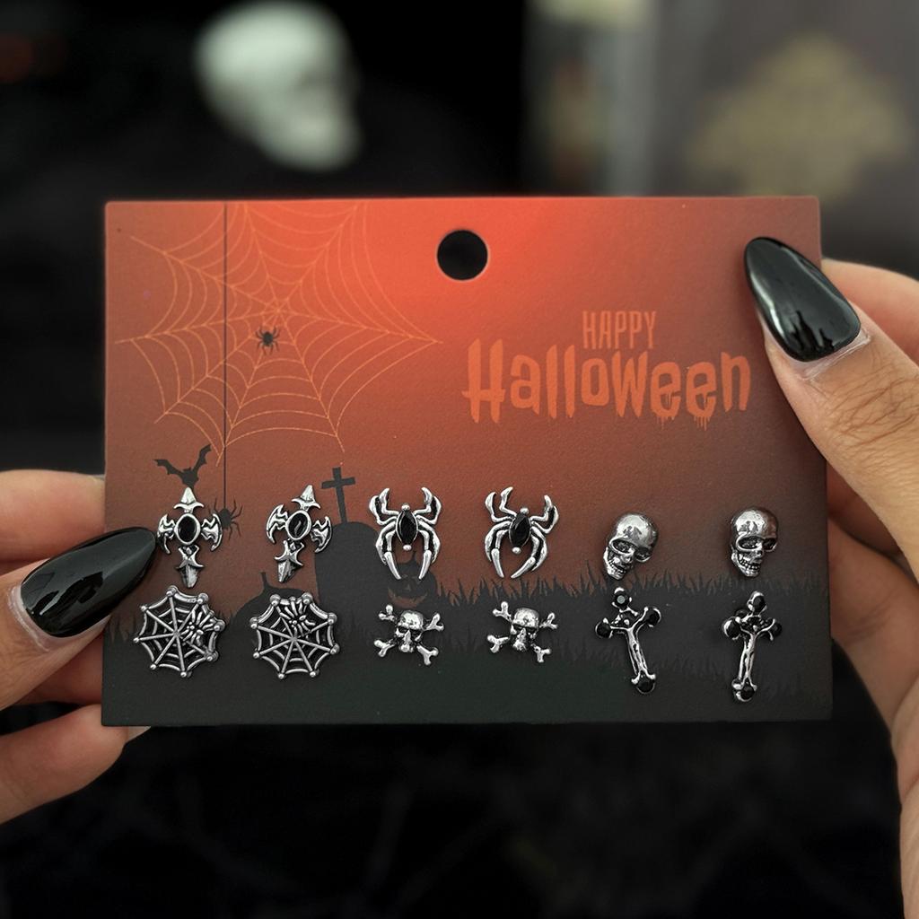 Salircon 6Pair/Set Gothic Skull Spider Web Cross Metal Pendant Earrings Women Punk Piercing Earring Party Jewelry Halloween Gift