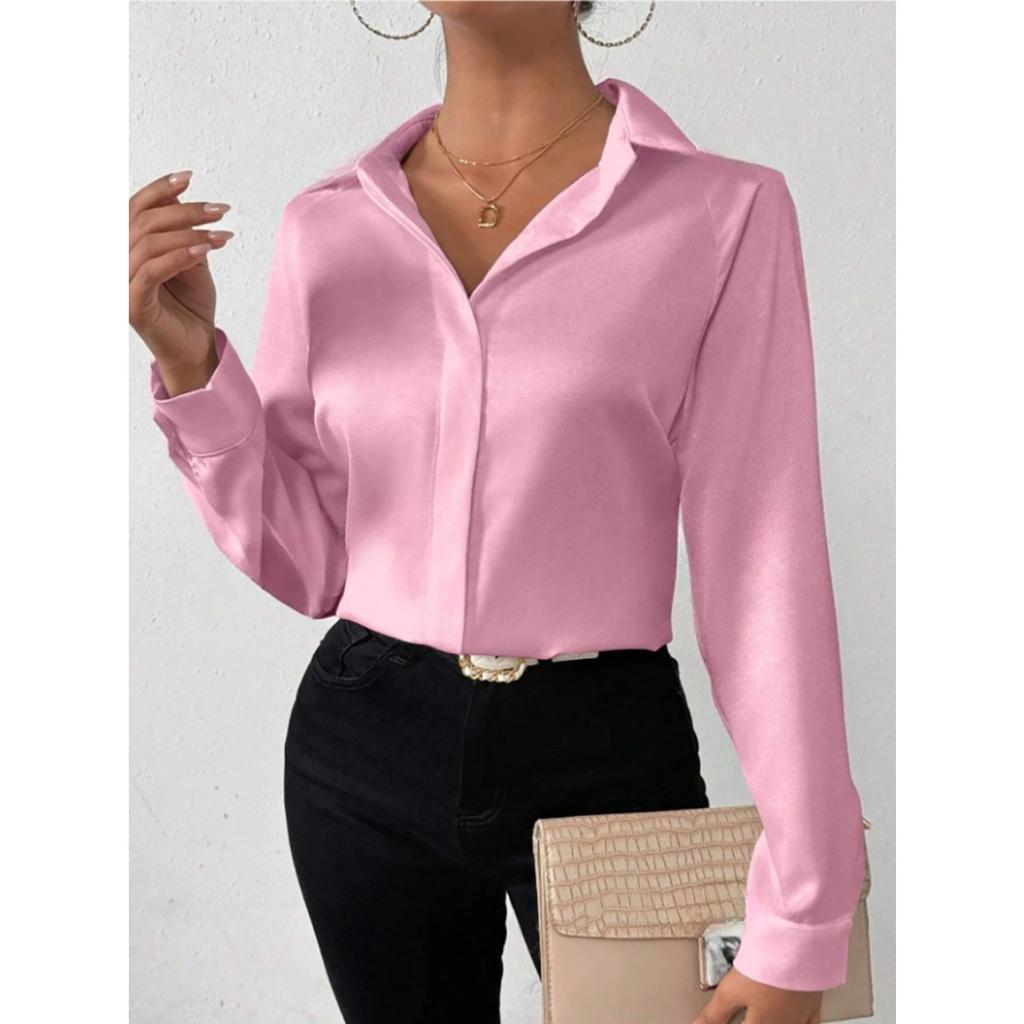 Satin Imitation Silk Long Sleeved Solid Color Women's Shirts