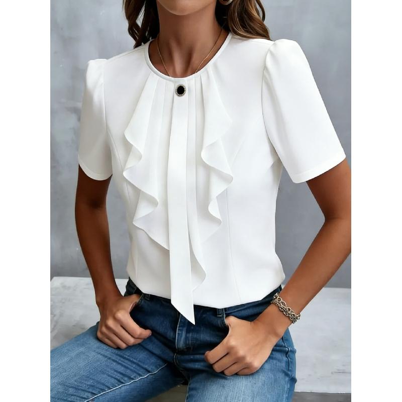 2026 New Women's Summer Ruffled Pleated Round Neck Short Sleeve Shirt Top