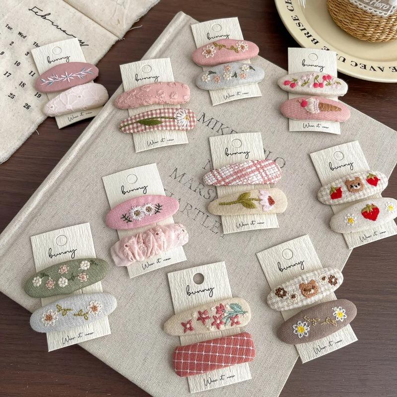 2Pcs Embroidery Flower Children's Hairpin Sweet Hair Clip Bangs Side Clip Hairpin Barrettes Headwear Hair Accessories Headdress