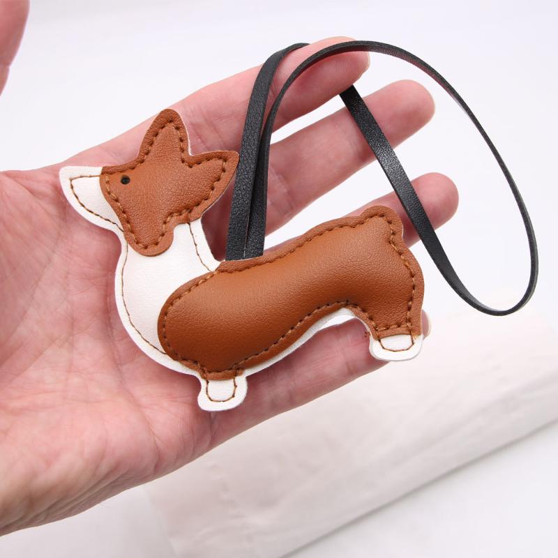 Cute Little Dog Keychain Cartoon Pu Leather Charms Exquisite Multi Layer Hanging Decor Splicing Corgi Dog Bag Pendant