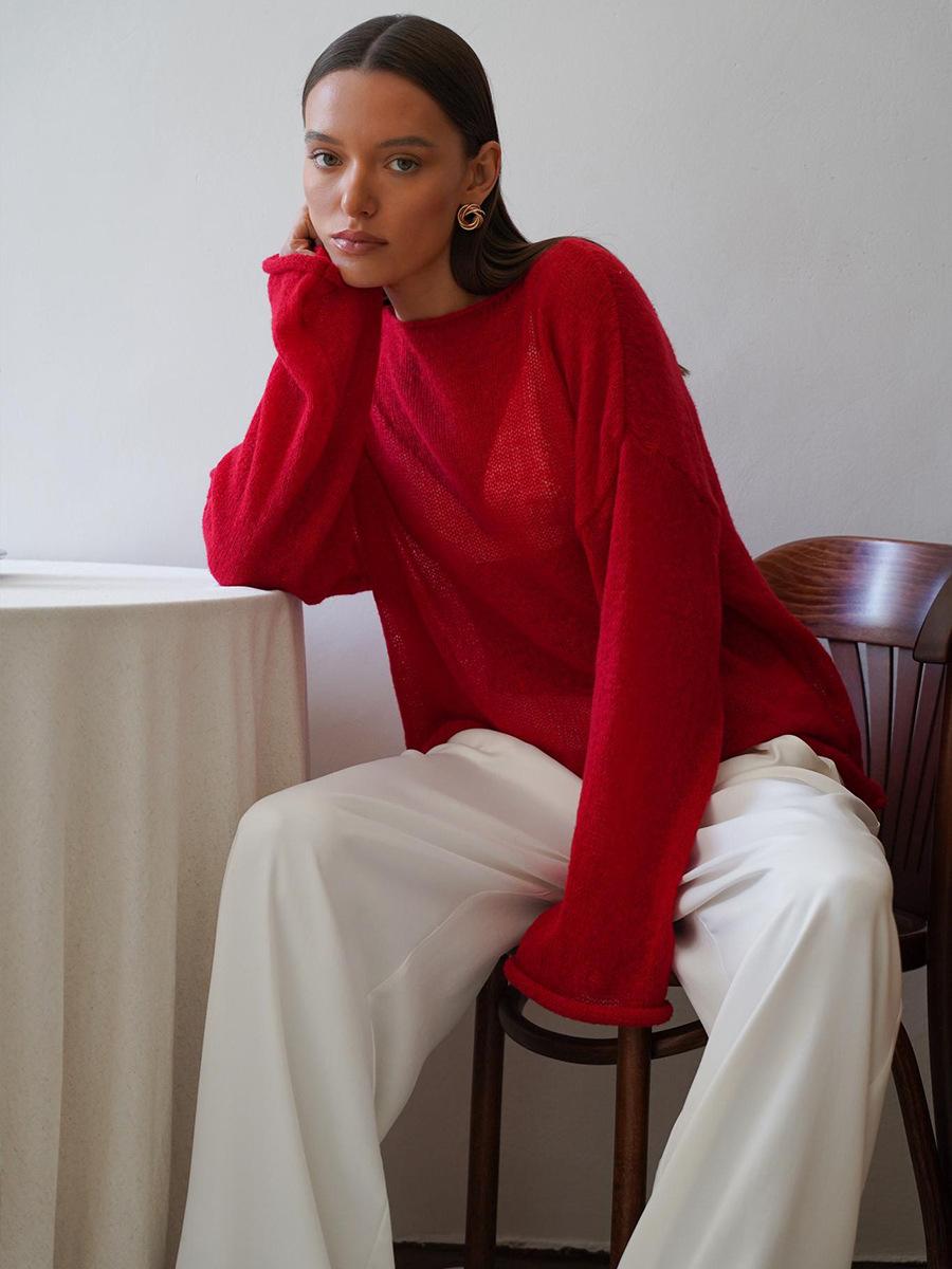 

Hirsionsan Элегантный свитер для женщин 2025 Лето Осень Повседневная мода Свободные женские пуловеры Шикарный розовый белый джемпер Sueter Mujer L красный