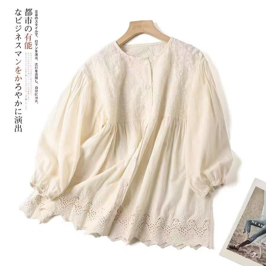 1116 Spring New Women's Crew Neck Japanese Cotton and Linen Shirt Loose Shirt Embroidered Doll Shirt Cardigan Casual
