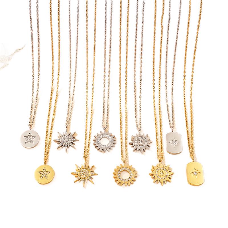 European Style Gold-Plated Titanium Steel Necklace with Rhinestone Sun and Star Design for Women – Elegant Clavicle Chain Jewelry