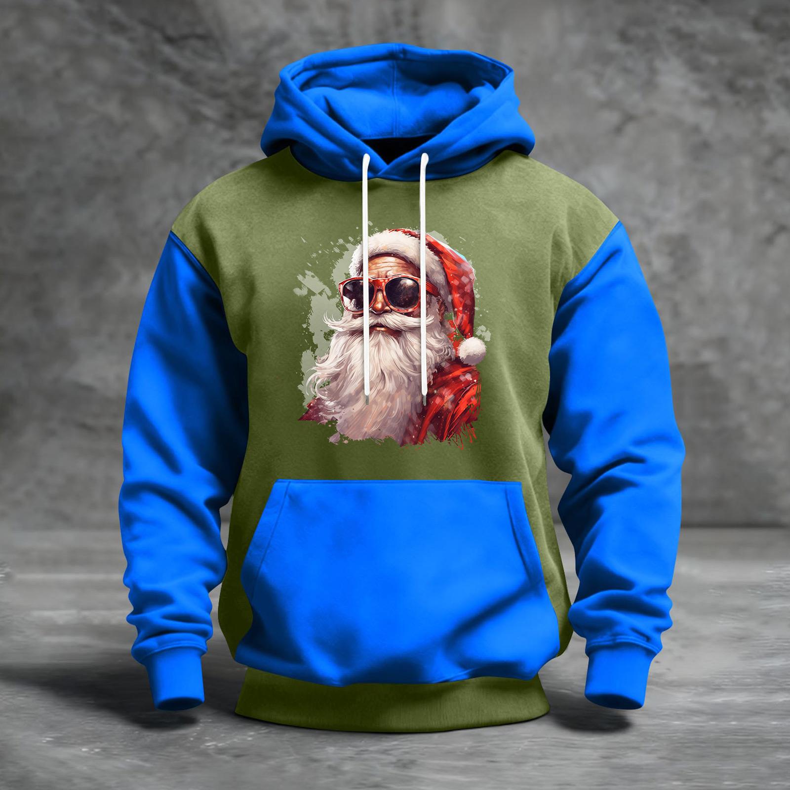 

Мужской рождественский свитшот с капюшоном, повседневный, спортивный, удобный, с цветными блоками и принтом L синий