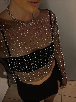 Rose Beauty A  Festival Pearls Beaded Rhinestone Detail Sheer Mesh Crop Clubwear Cover Up Top Without Bra