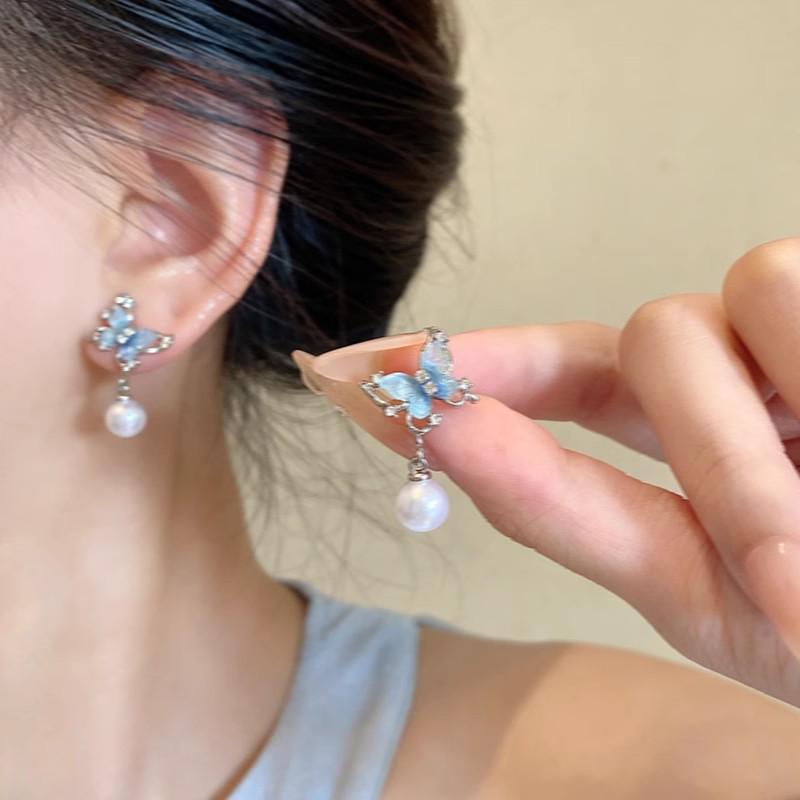Unique 925 Silver Butterfly Zircon Pearl Stud Earrings for Women - High-End Fashion Jewelry