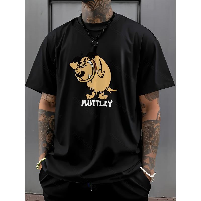 Мужская повседневная свободная футболка с коротким рукавом - Узор с мультяшной собакой дизайн Мютли, Ярко-зеленый летний топ, Дышащая, можно стирать в машине S чёрный