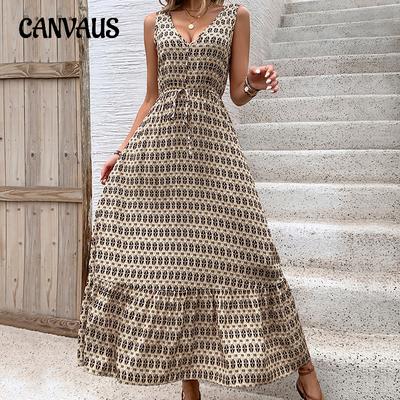 Summer Women's Dress High Waist V-neck Print Elegant Sleeveless Dresses