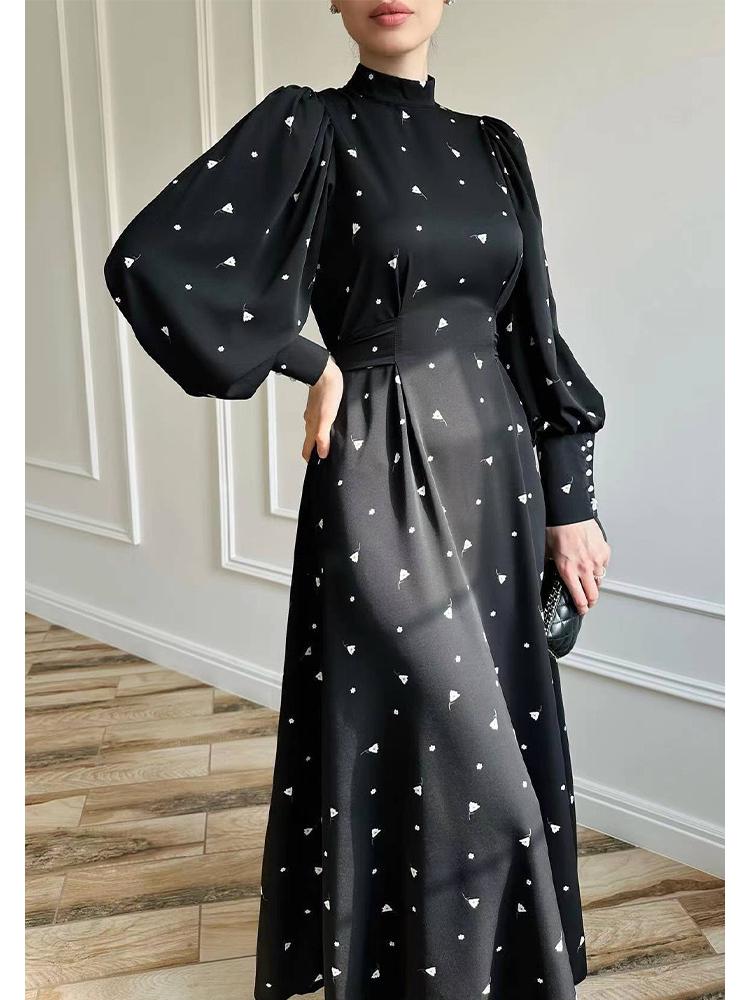 Elegant Long Sleeve Print Dress with Slim Fit Waist