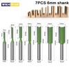 Ensemble de 7 pièces 6 mm/1/4" Queue Fraise droite Carbure à une ou deux dents Fraiseuse Outil de fraisage du bois pour le travail du bois Nouveau