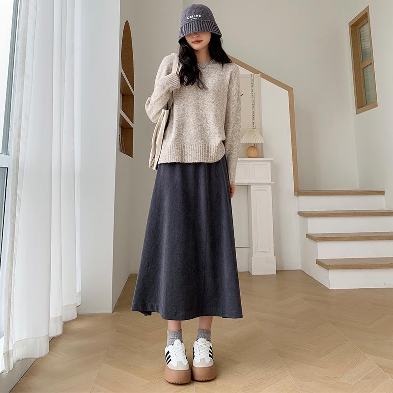 Mode Hohe Taille Cordröcke Damen Koreanisch Elegant College Stil Midirock Damen Herbst Winter Dick A-Linien-Rock