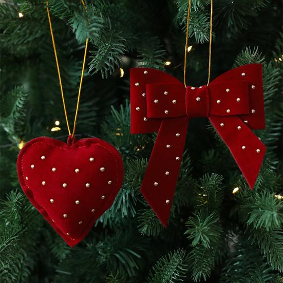Velvet Christmas Tree Ornaments Rhinestones Heart Bow Shape Hanging Decor for Xmas Tree Window Display And Farmhouse DIY Crafts