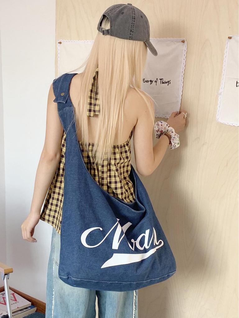 2025 Autumn Versatile Denim Canvas Tote: European & American Retro Style, Large Capacity Shoulder Bag for Students