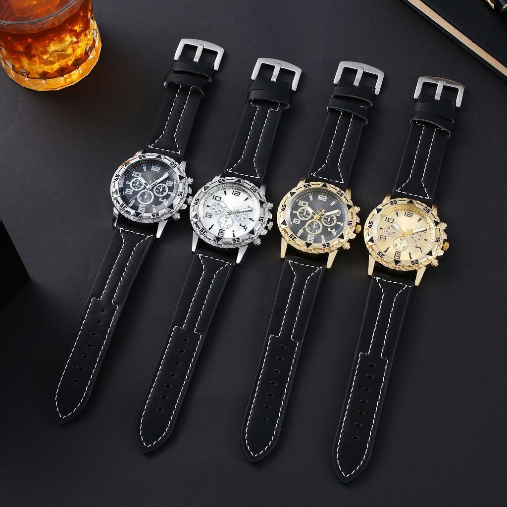 Men'S Watch Fashion Trend Business Fake Three-Eye Belt Men'S Watch Digital Face Quartz Watch