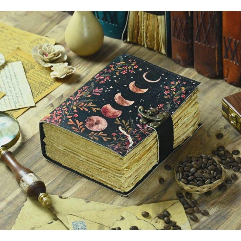 Moon Phase, Large Grimoire Leather Journal Notebook, Blank spell book of shadows, Leather Sketchbook, Christmas Gifts For Him Her