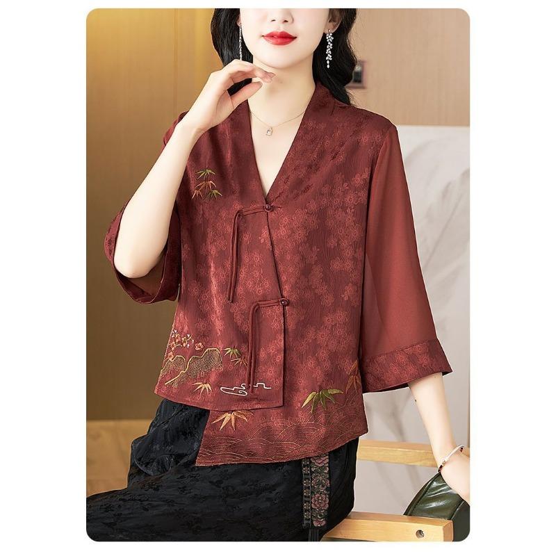 Chinesisches besticktes Hemd Damen Lockerer Mantel Dreiviertel Top Pflanzenblumen Mode Elegant Top