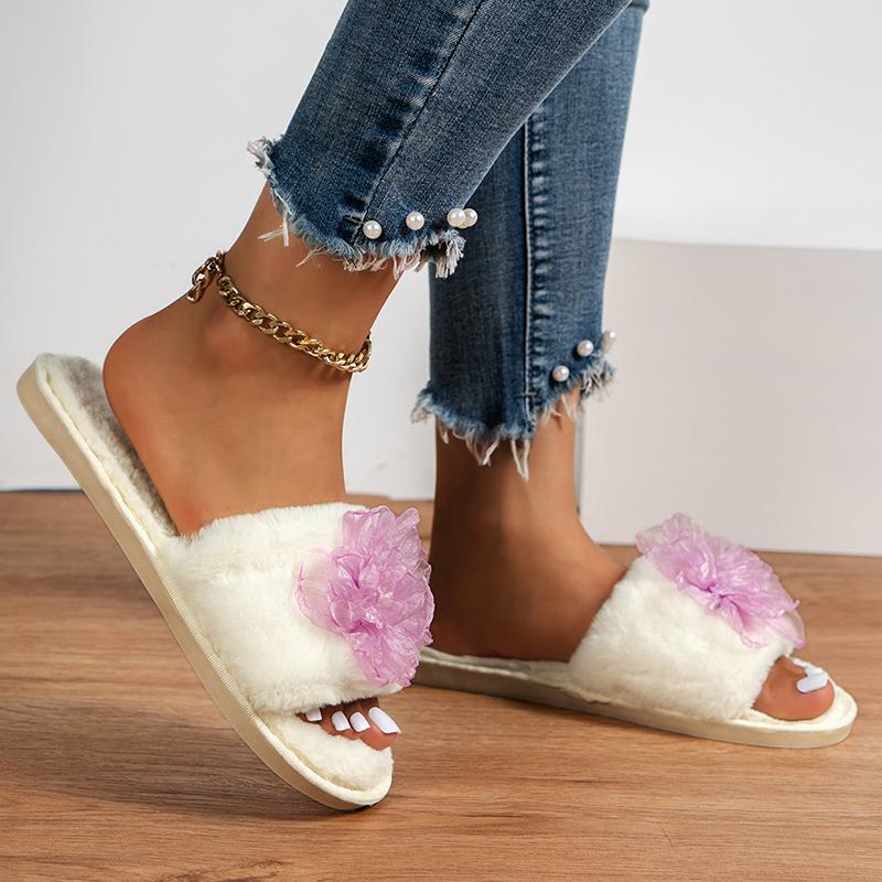 Divatos rózsaszín virágos bolyhos szőrme papucs nőknek nyitott orrú puha talpú otthoni papucs női őszi téli csúszásmentes pamut papucs
