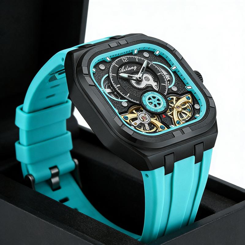 AILNG Unique Design Tourbillon Men Clock Sky Blue Automatic Mechanical Waterproof Luxury Man Watch Rubber Strap Men's Watches